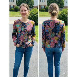 VTG SO-EN Fashion 80s 90s Abstract Pastel Blouse Shirt Padded Shoulder M